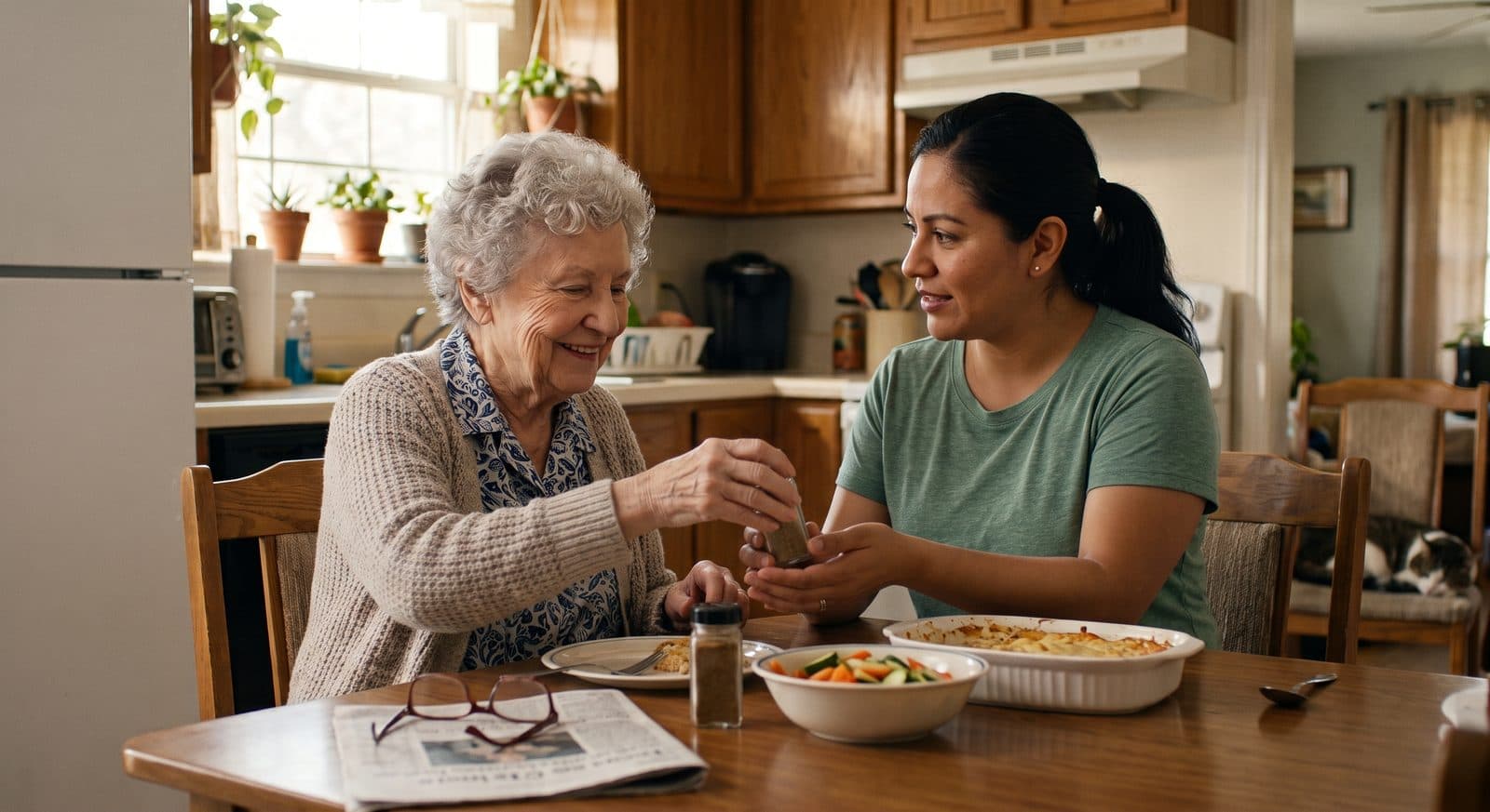 Two women at a kitchen table over a home-cooked meal, one steadying a jar of seasoning for the other.